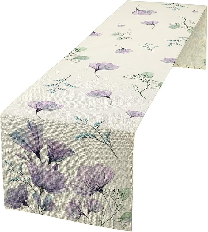 Poppy Flower Table Runner, Watercolor Purple Floral Leaves Seasonal Spring by Unknown