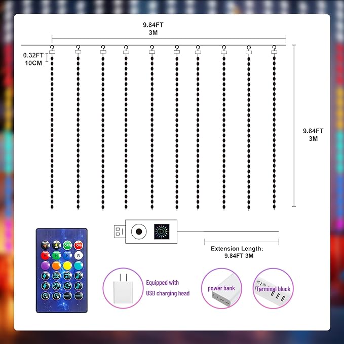 HXWEIYE 300LED Fairy Curtain Lights, 9.8x9.8Ft USB Plug-in 8 Modes Christmas - Image 6
