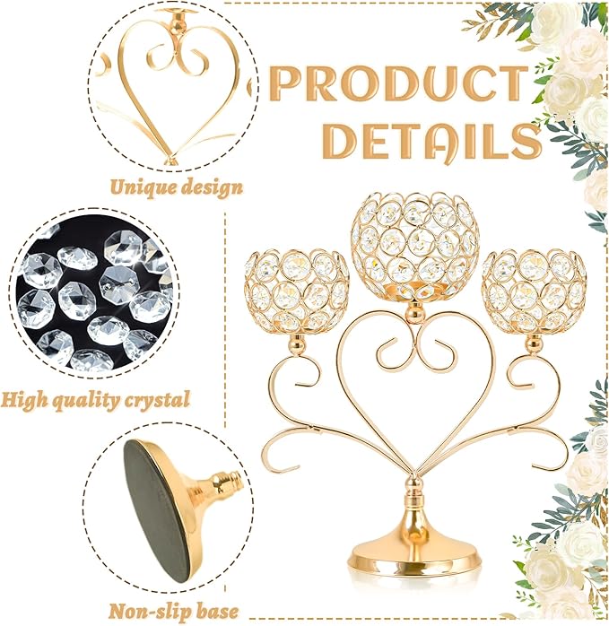 6 Pcs Gold 3-Arm Heart Tea Light Candle Holder - Image 3