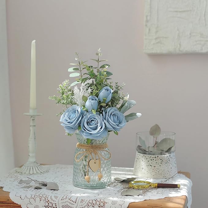 Faux Flowers with Vase, Artificial Silk Roses in Vase, Fake Plant Eucalyptus - Image 3