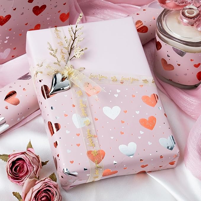 Burymento Gold Foil Heart Wrapping Paper, Reversible Pink Gift Wrap - Image 3