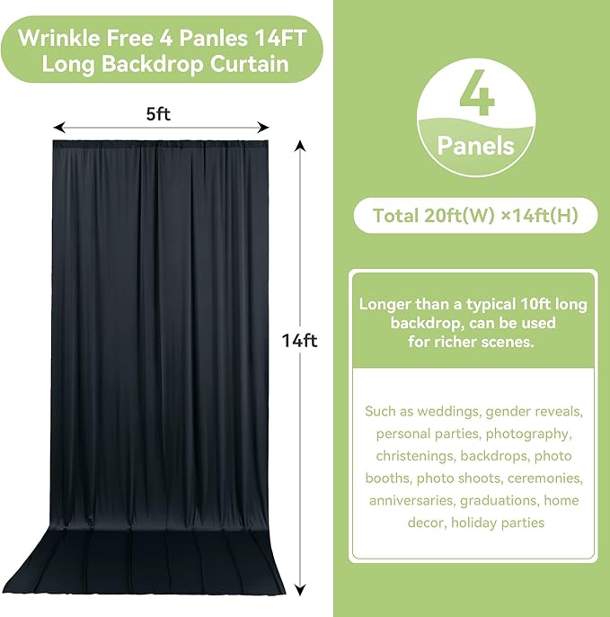 20ftx14FT Wrinkle Free Black Backdrop Curtain, 4 Panels 14FT Height Black - Image 2