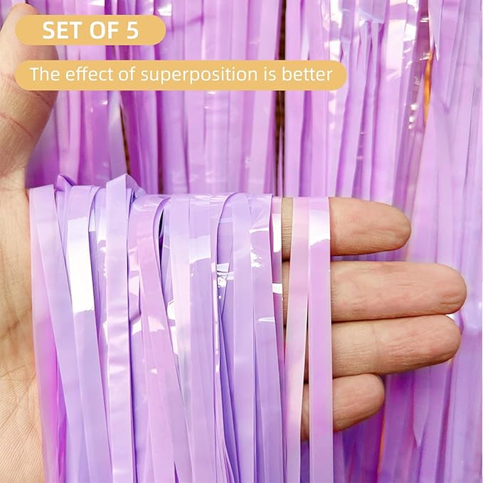 5 Pack Purple Foil Curtain Backdrop 3.2ft x 8.2ft Tinsel Foil Fringe Curtains - Image 2