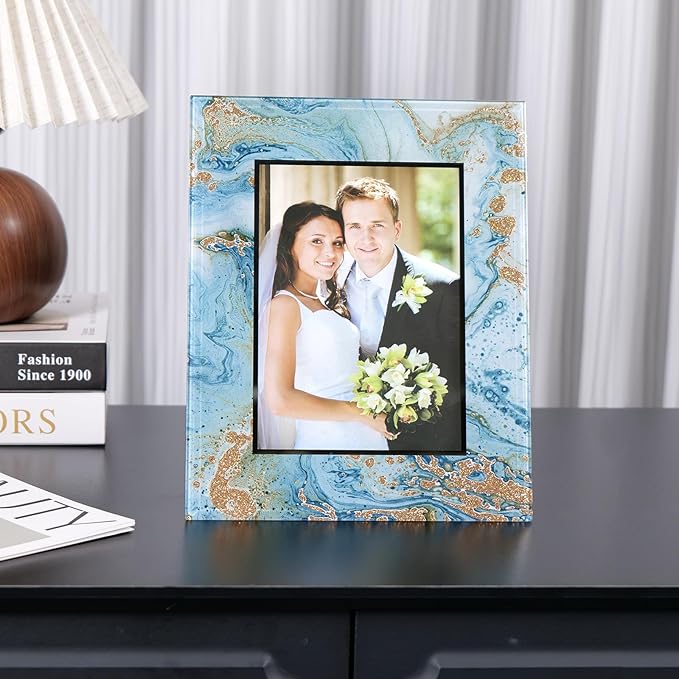 Cuspin 5x7 Blue Picture Frame, Luxury Blue and Gold Glass Wedding Frame 8x10 - Image 2
