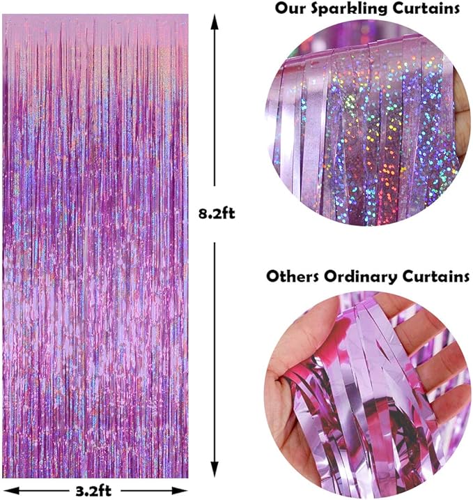 Melsan 3 Pack 3.2 x 8.2 ft Sparkling Pinkish Purple Tinsel Fringe Curtain - Image 6