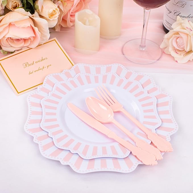 COLOSUS 150pcs Disposable Pink and White Stripped Plastic Plates and Silverware - Image 4