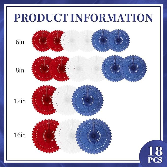 18 Pcs Red White Blue Hanging Paper Fan, Hanging Honeycomb Round Paper Fans - Image 2