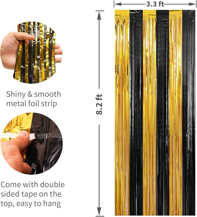 Crosize 2 Pack 3.3 x 9.9 ft Gold and Black Foil Fringe Curtains Party - Image 2