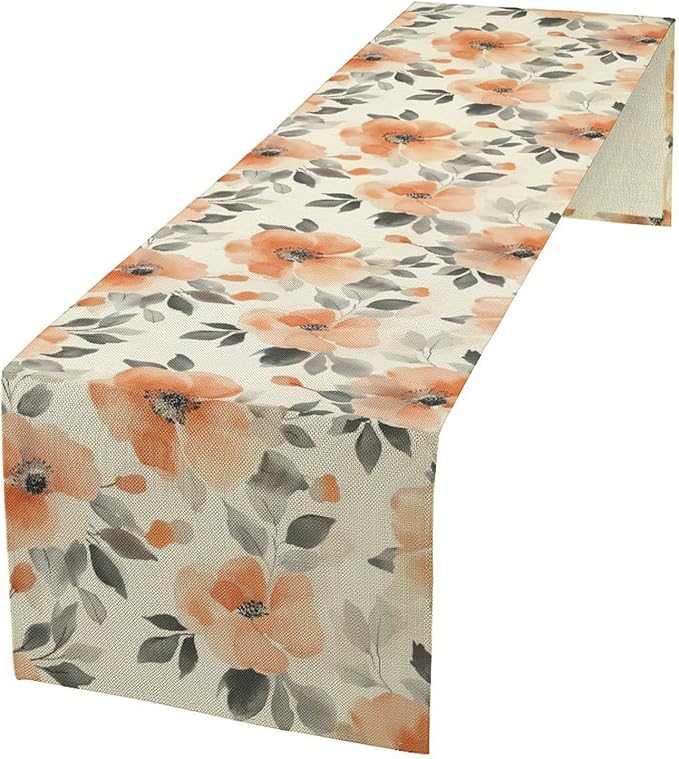 Floral Fall Table Runner, Rustic Watercolor Orange Flowers Seasonal Summer by Unknown
