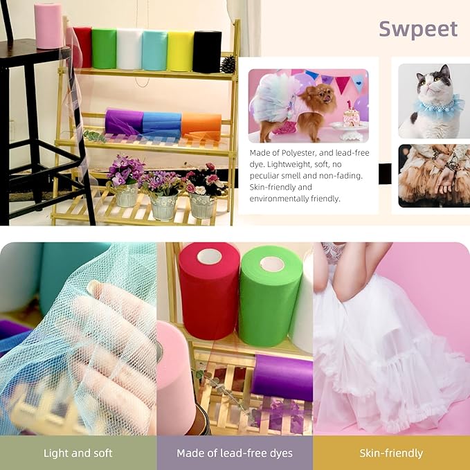 Swpeet 6 Inch by 100 Yards Pink Tulle Fabric Roll, Fabric Spool Tulle Ribbon - Image 8