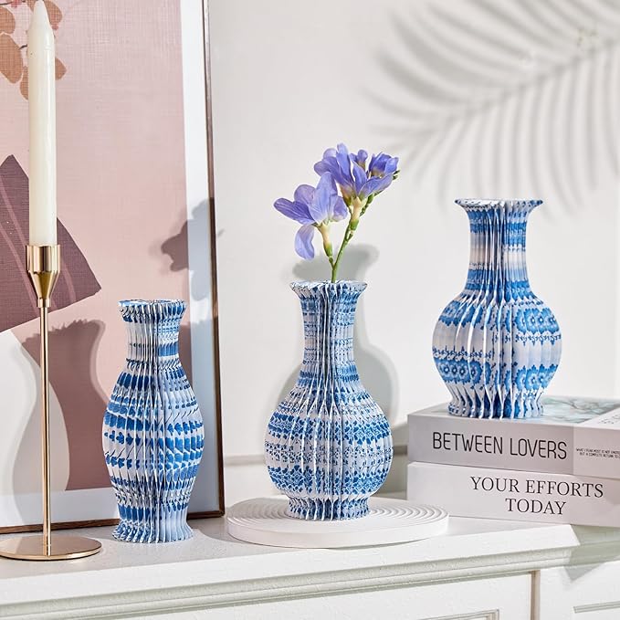 3 Pcs Blue and White Paper Honeycomb Vase, Foldable Decorative Vase - Image 4