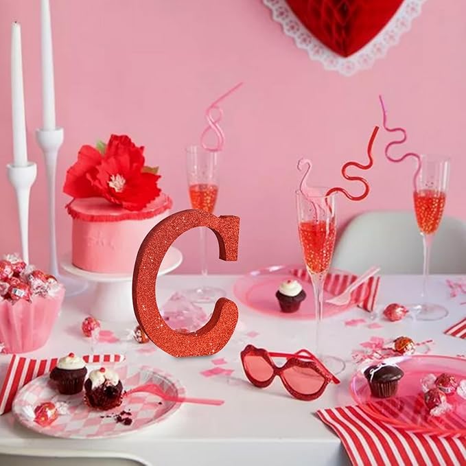 TONIFUL 8 Inch Red Glitter Letter C Table Centerpiece A-Z Red Birthday Party - Image 5