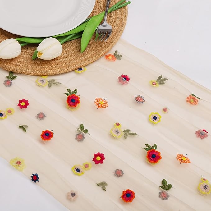 BINBE 1pcs Champagne Daisy Fall Table Runner Embroidery Gauze 10FT Florals - Image 2
