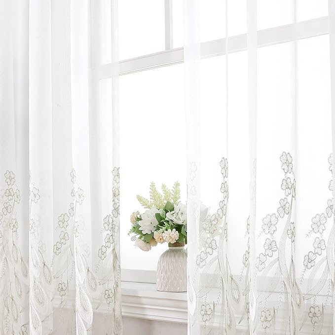 VISIONTEX White Sheer Voile Curtains, Decorative White Embossed Drip Rod Pocket - Image 6