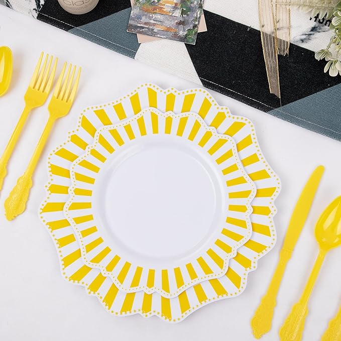 COLOSUS 150pcs Disposable White Lemon Yellow Striped Plastic Party Plates and - Image 3