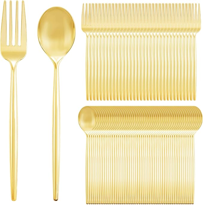 SUT 200PCS Gold Plastic Forks and Spoons Heavy Duty Set, Disposable Utensils by SeeYouTomorrow