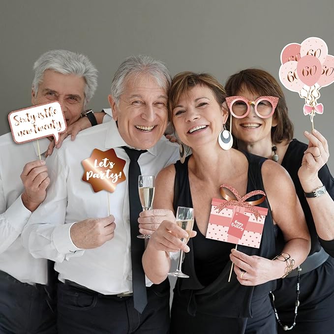 60th Birthday Party Photo Booth Props and Signs, Rose Gold 60 Birthday Party - Image 3
