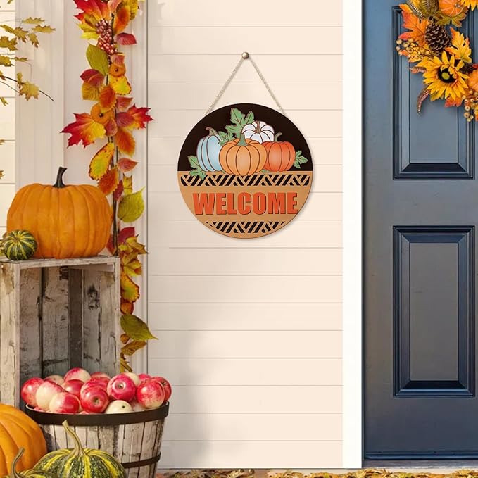 CHDITB Fall Pumpkin Welcome Front Door Sign Wreath, Wooden 3D Hello Fall Autumn - Image 6