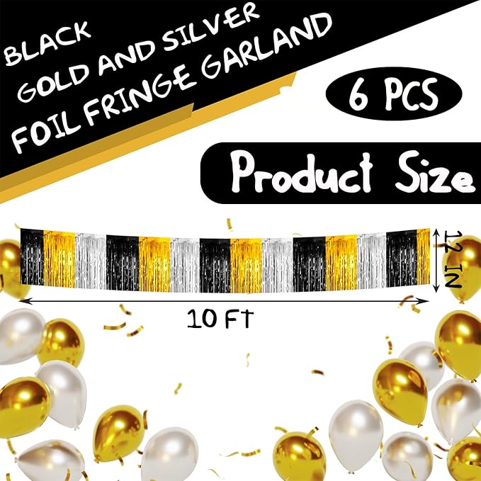 6 Pack 10 Feet Black Gold Silver Foil Fringe Garland Metallic Tinsel Streamers - Image 2