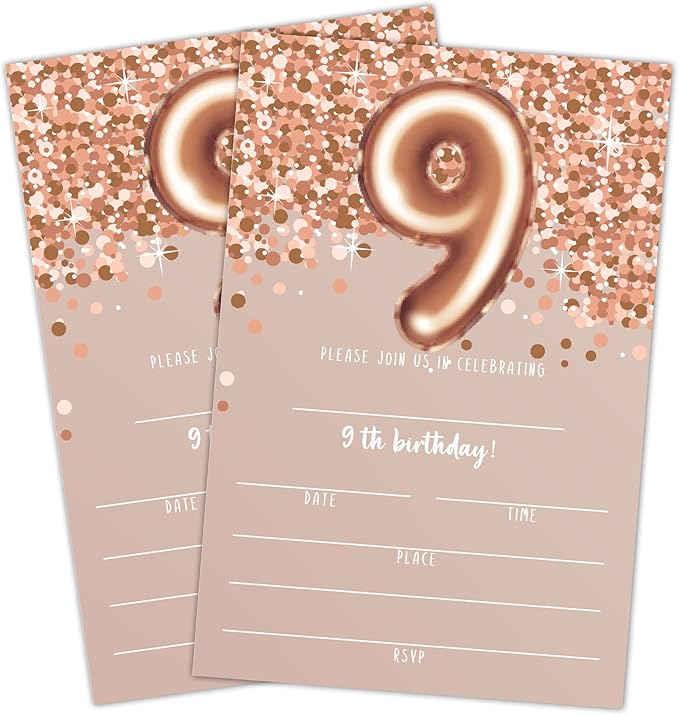 9th Birthday Invitation Cards, Rose Gold Glitter 9th Birthday Party Invites by LWBEO