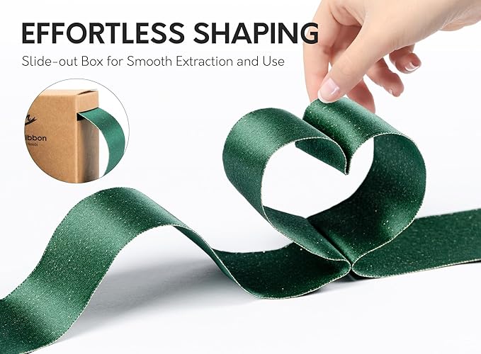 Christmas Ribbon Wired Green Satin Ribbons 1-1/2 Inch Double-Faced Gold Glitter - Image 2