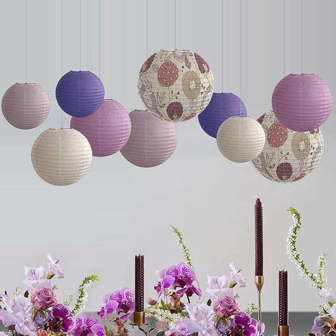 Paper Lanterns Party Decorations Size of 12’10’8inch Floral Pattern Purple Pink - Image 5