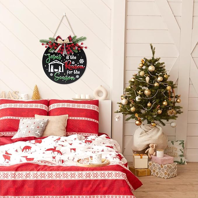CHDITB Jesus is The Reason for The Season Front Door Sign Wreath, Wooden 3D - Image 5