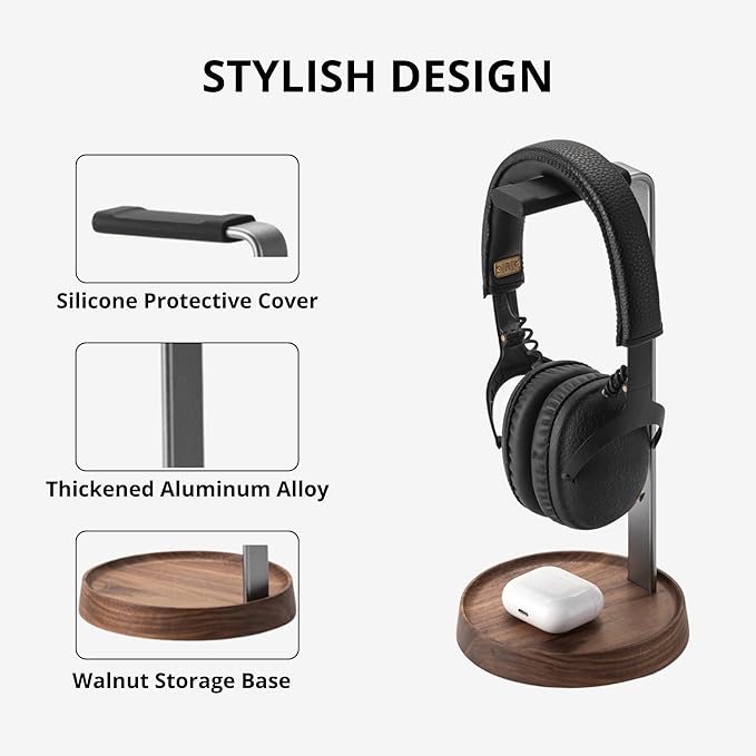 muso wood Walnut Headphone Stand, Universal Headset Stand - Image 3