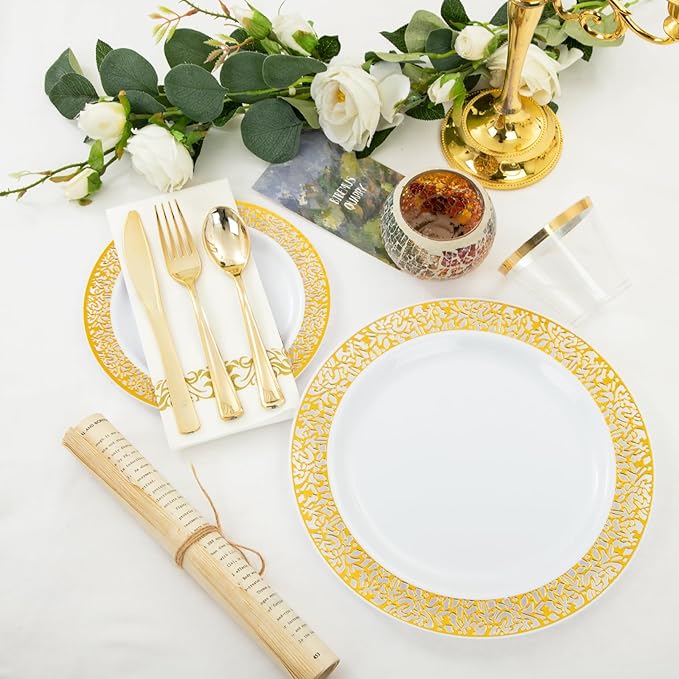 WELLIFE 350Pcs Gold Dinnerware Sets, Plates and Napkins Party Supplies - Image 7