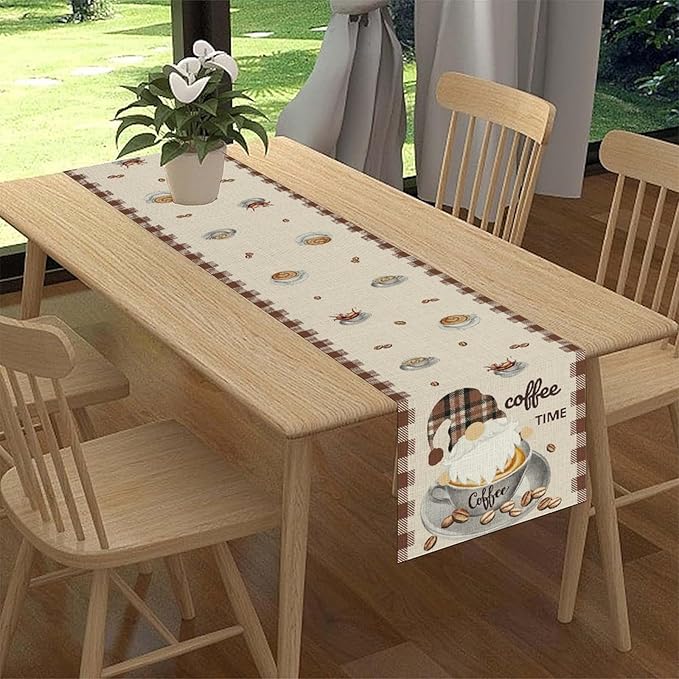Coffee Time Table Runner, Farmhouse Retro Gnome Coffee Cup Tea Party Cafe Table - Image 3