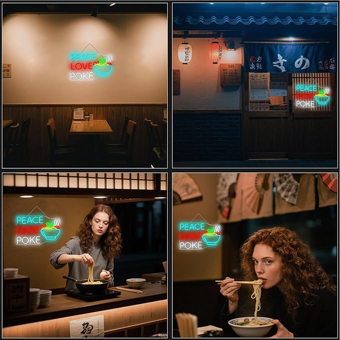 Looklight Peace Love Poke Ramen Neon Sign, Noodles Led Lights Neon Lights - Image 4