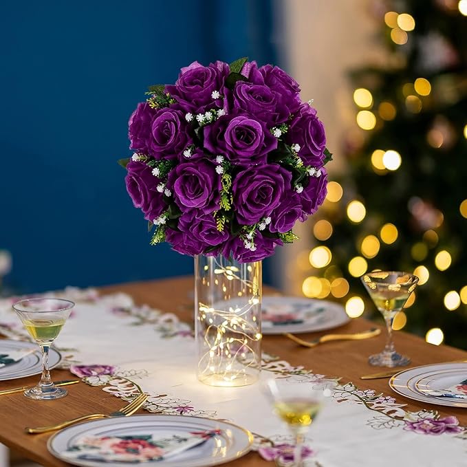 BLOSMON Flower Balls Wedding Rose Centerpieces 6 Pcs Purple Fake Flowers - Image 2