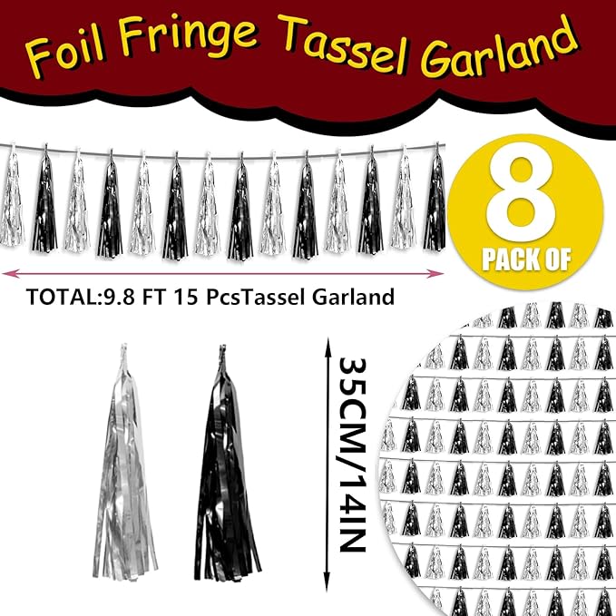 8P Black Silver Foil Fringe Metallic Tassel Streamers Banner Tassel Garland - Image 2