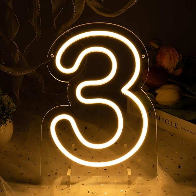 Number 3 LED Neon Sign Backdrop Birthday Party Decoration, 11.3" Height Warm by MissAudrey