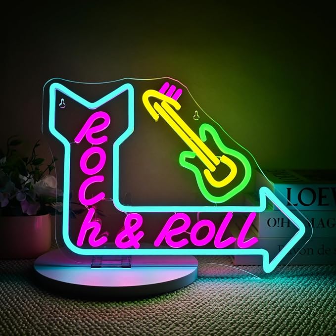 Rock Roll Guitar with Arrow Neon Sign, USB Powered Dimmable, Retro Music-Themed by Wanxing