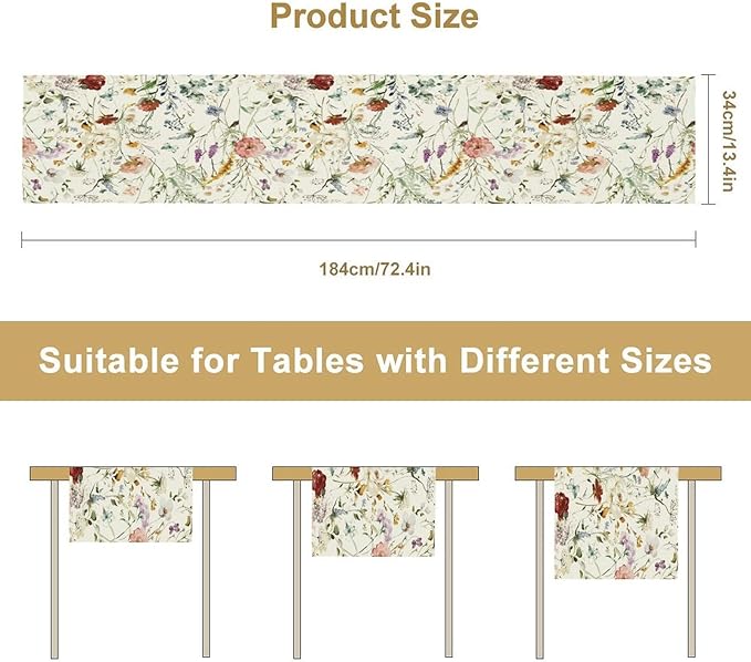 Floral Butterfly Table Runner, Rustic Colorful Flower Botanical Watercolor - Image 2