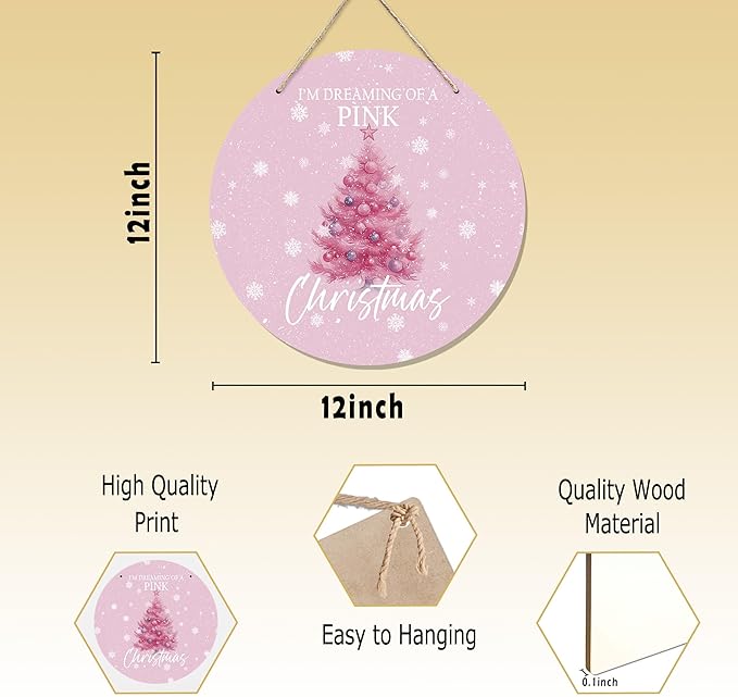 CGBHW Pink Christmas Tree Wooden Sign, Winter Holiday Theme Hanging Sign Wall - Image 7