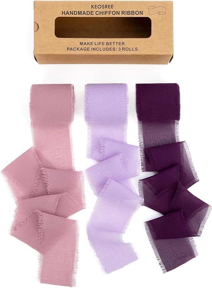 Purple Lavender Dusty Rose Handmade Chiffon Ribbon, 1.5" x 21Yd Frayed Silk by KEOSREE