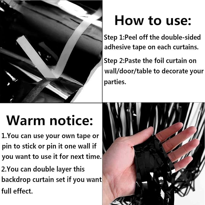 4 Pack Black Foil Fringe Curtain Backdrop, 3.28Ft x 8.2Ft Metallic Tinsel - Image 3