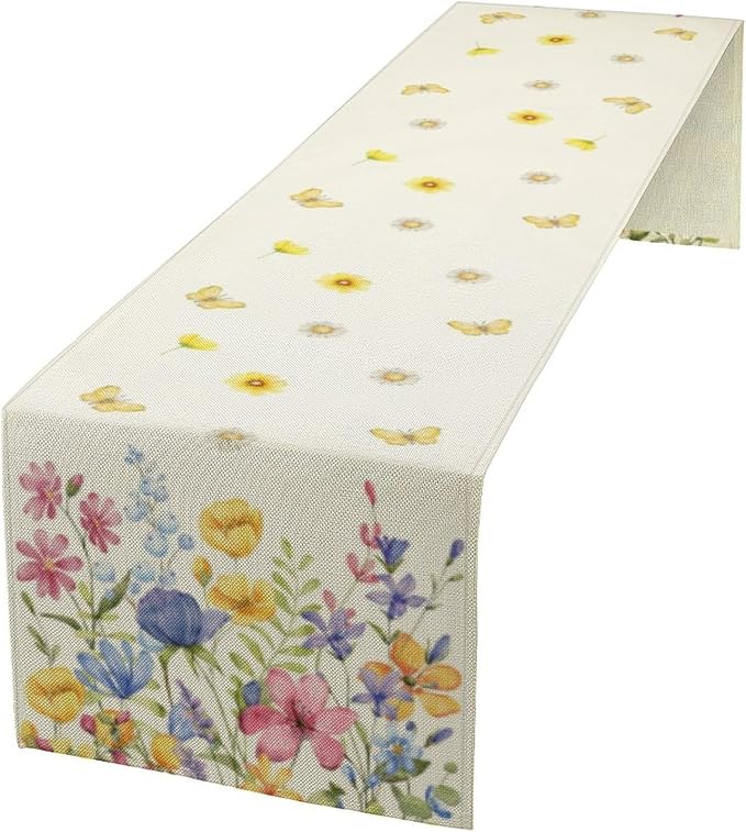 Flower Table Runner, Colorful Watercolor Pink Flower Plants Nature Butterfly - Image 2