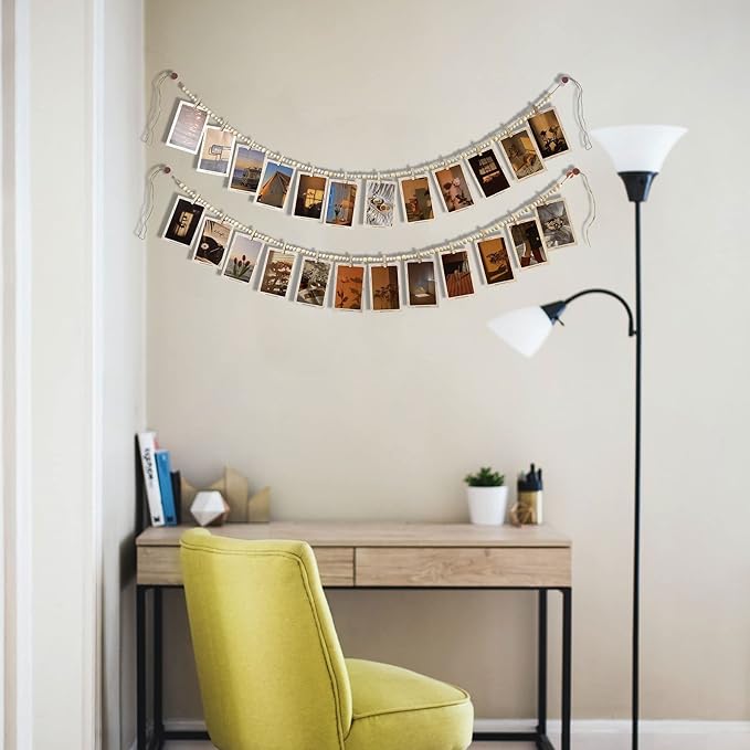 Hanging Photo Display With 12 Clips, Wooden Bead Garland 2PCS, Boho Style - Image 6