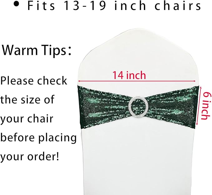 100 Pcs Chair Sashes Sequin Stretch Chair Bands Dark Green Spandex Polyester - Image 2