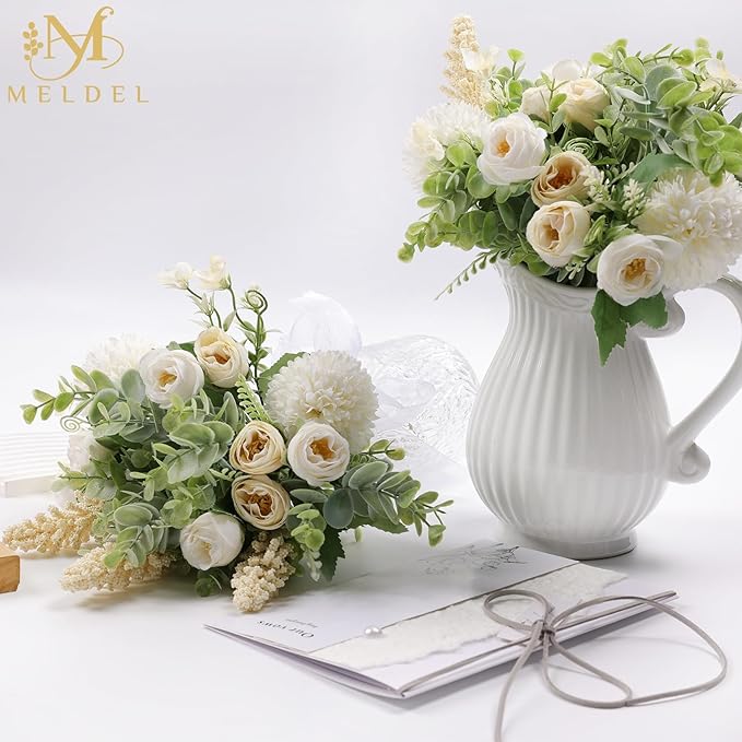 Meldel 3Pcs Rose Bouquet White&Champagne Artificial Flowers Eucalyptus Plants - Image 7
