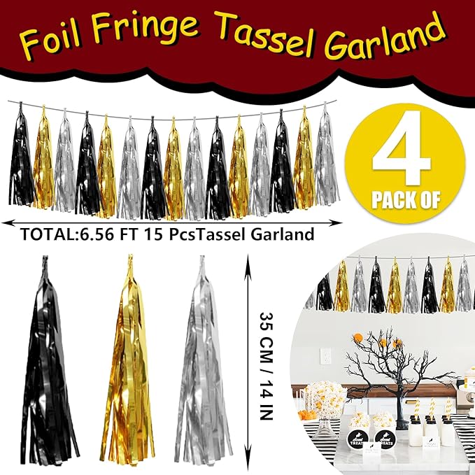 4P Black Gold Silver Foil Fringe Tassel Garland Banner Metallic Tinsel - Image 2