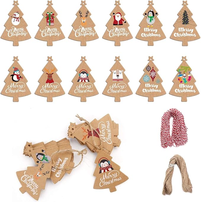 LOKIPA 120 Pieces Christmas Kraft Paper Gift Tags, Xmas Tree Present Hang Labels - Image 2