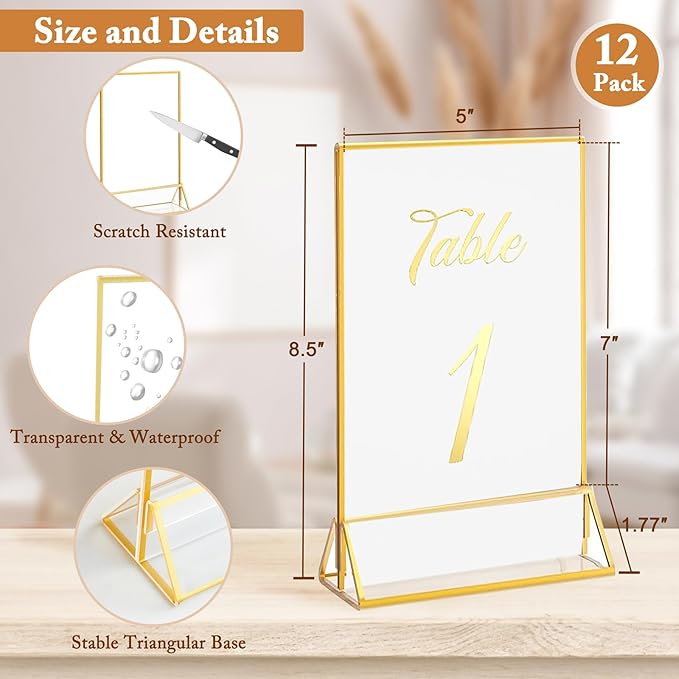 Floroom 12 Pack 5x7 Inch Clear Acrylic Sign Holders, Double-Sided Gold Display - Image 2