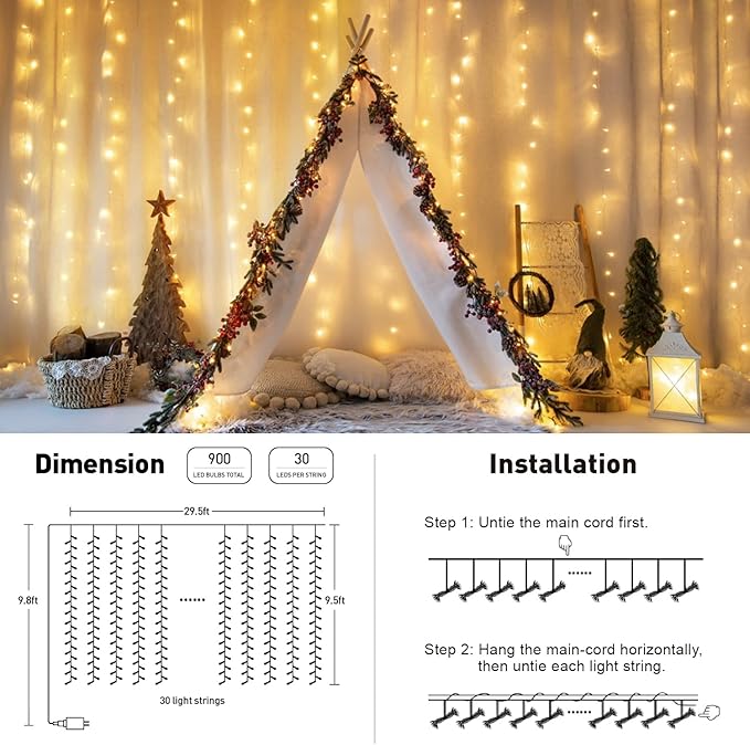 JMEXSUSS 900 LED Outdoor Christmas Curtain Lights, 9.5x29.5ft Christmas Lights - Image 6