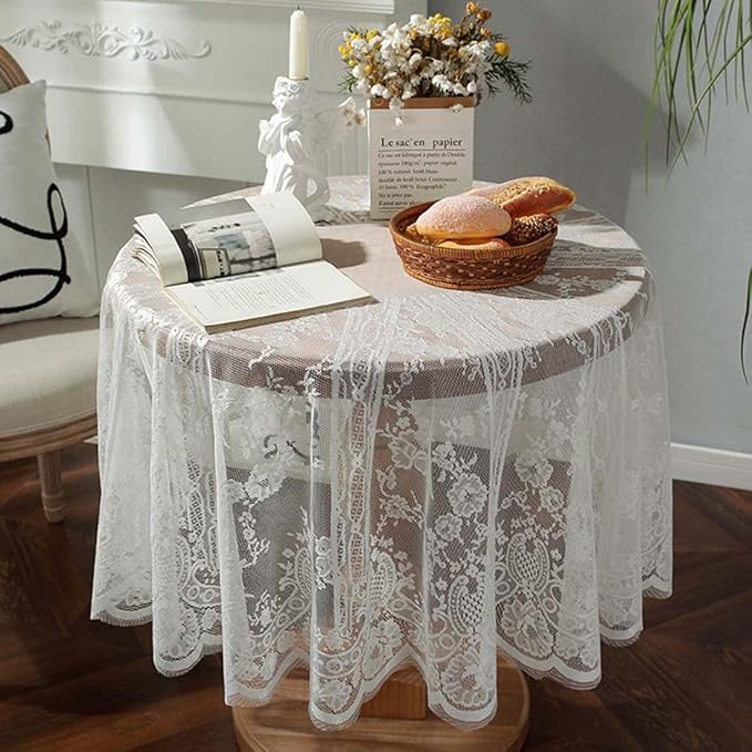 Vintage 60 inch White Lace Tablecloth Floral Embroidered Boho Shabby Chic Small by JAIJY