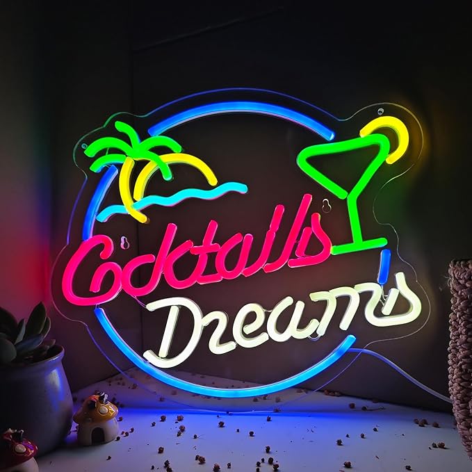 Cocktails Dreams Neon Sign Led Wall Decor Man Cave Neon Light Up Signs Wall Art by Keello