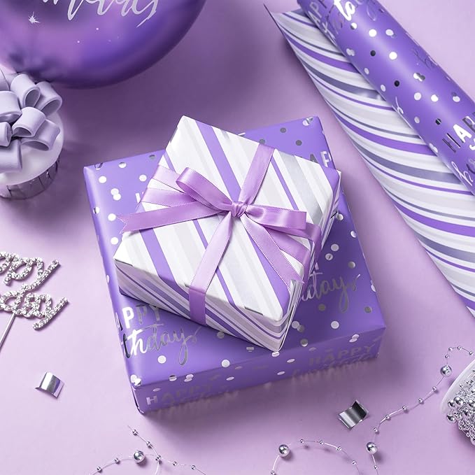LeZakaa Purple Birthday Wrapping Paper Roll - Image 3